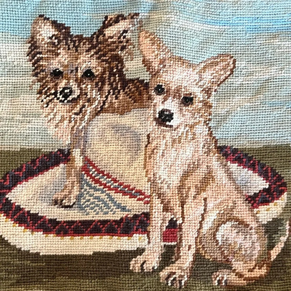 NWT Vintage Chihuahua Dogs Handmade Needlepoint Pillow Cover velvet cottage-core - Picture 3 of 7